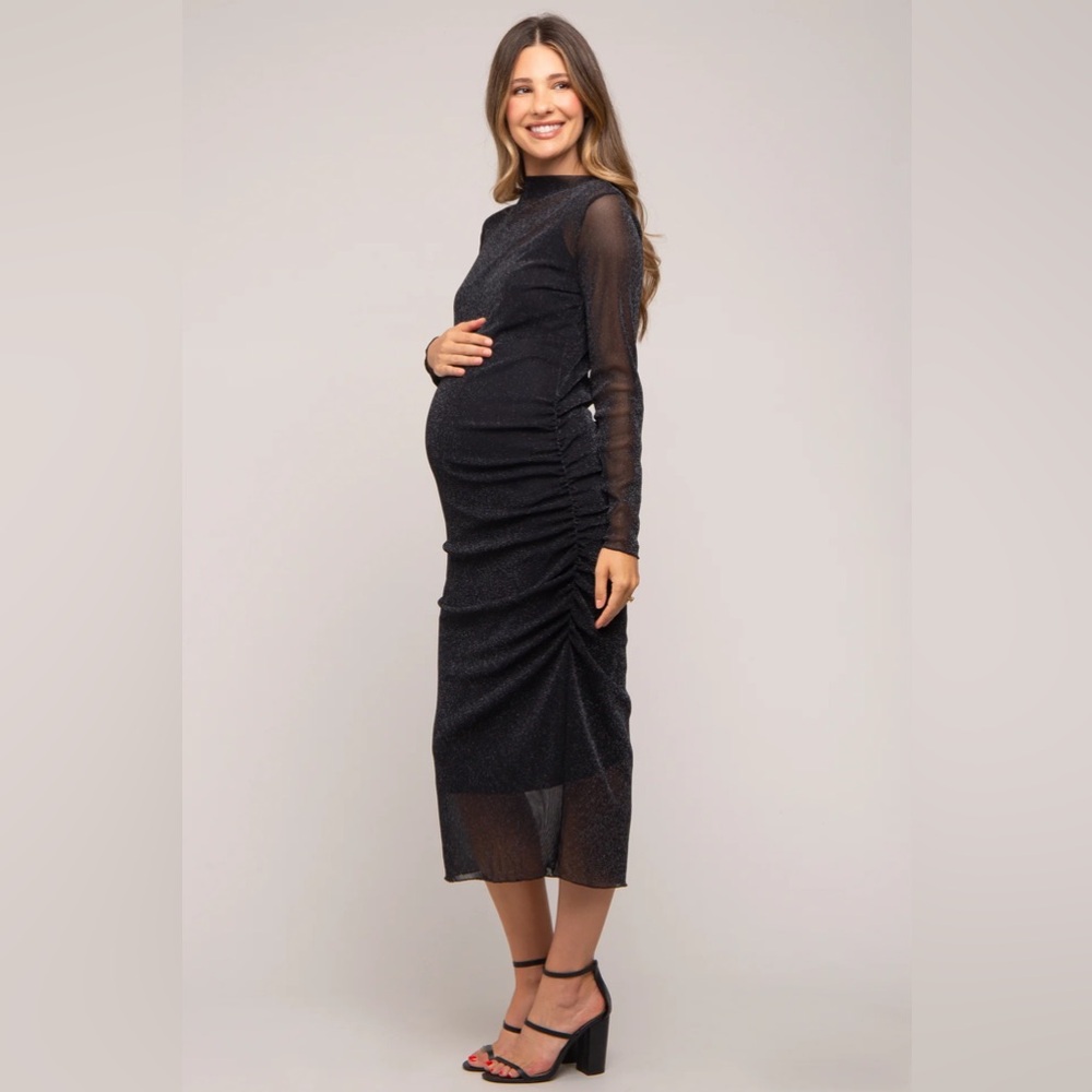 Black Shimmer Mesh Long Sleeve Ruched Maternity Midi Dress - Miou Muse